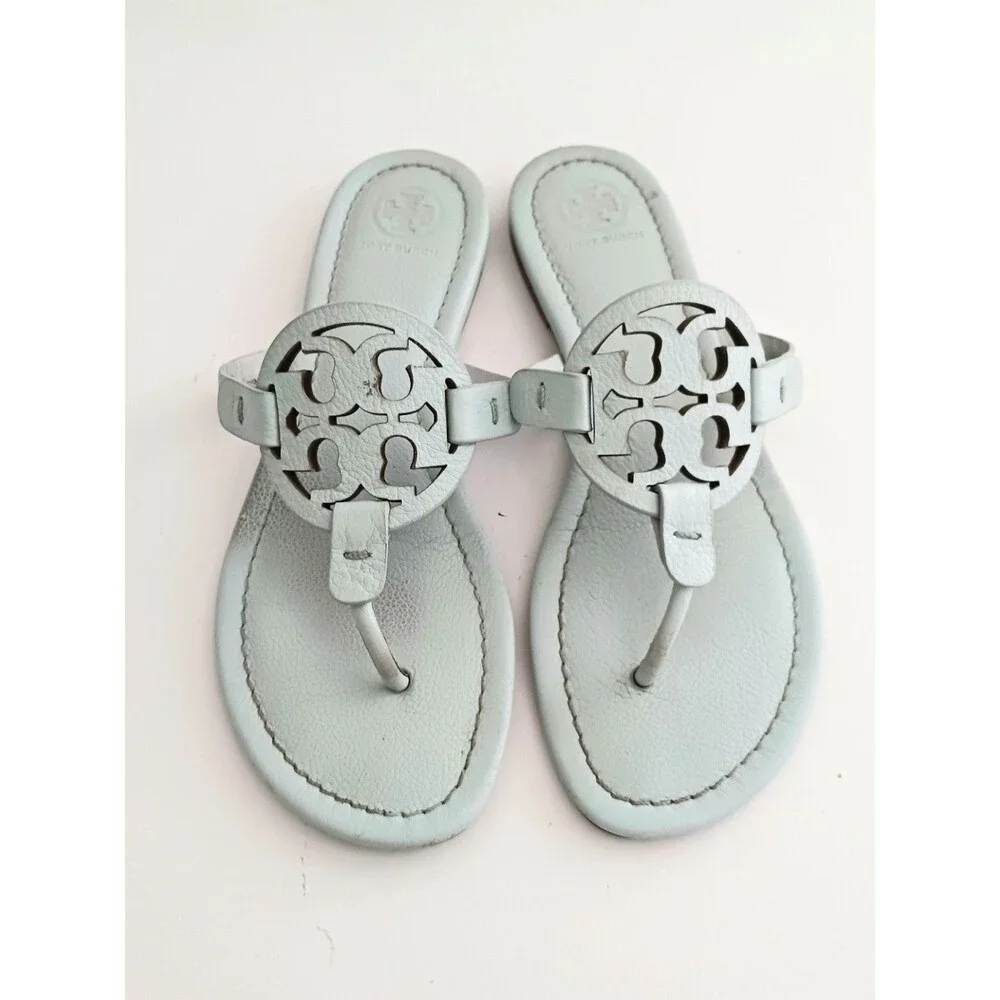 Tory Burch Miller Thong Sandal Ice Blue Pebbled Leather 7.5M w Dustbag